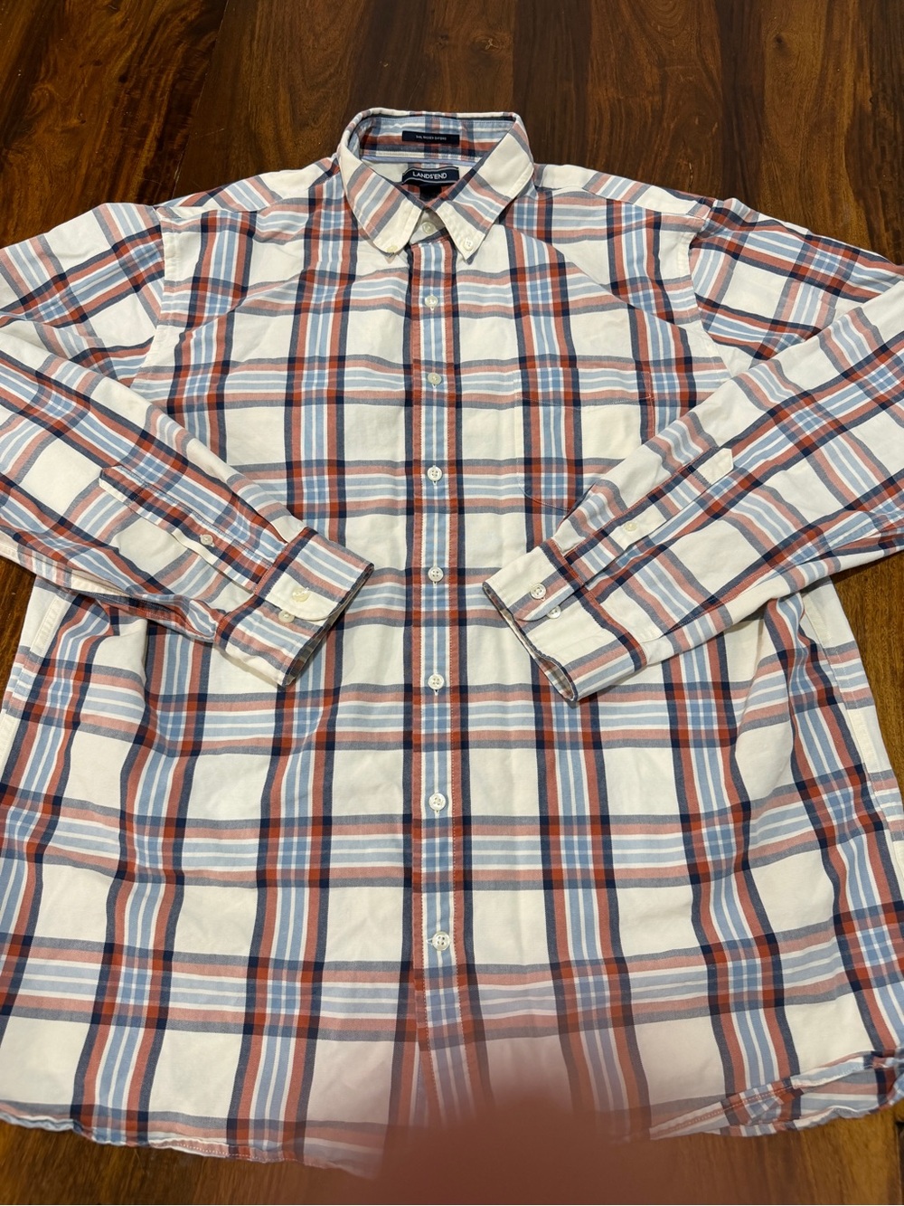 Lands' End Sail Rigger Oxford Shirt Men's XLT Orange Blue Plaid Tall Fall
